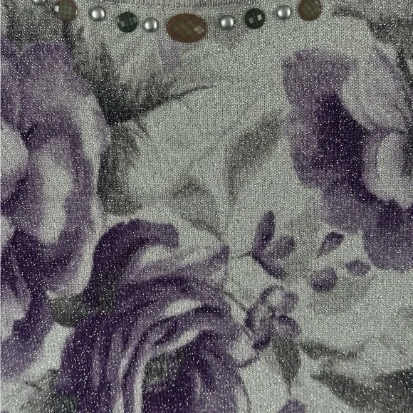 Women’s Floral Glitter Knit Top with Embellished Neckline - Purple/Gray - Picture 2 of 16